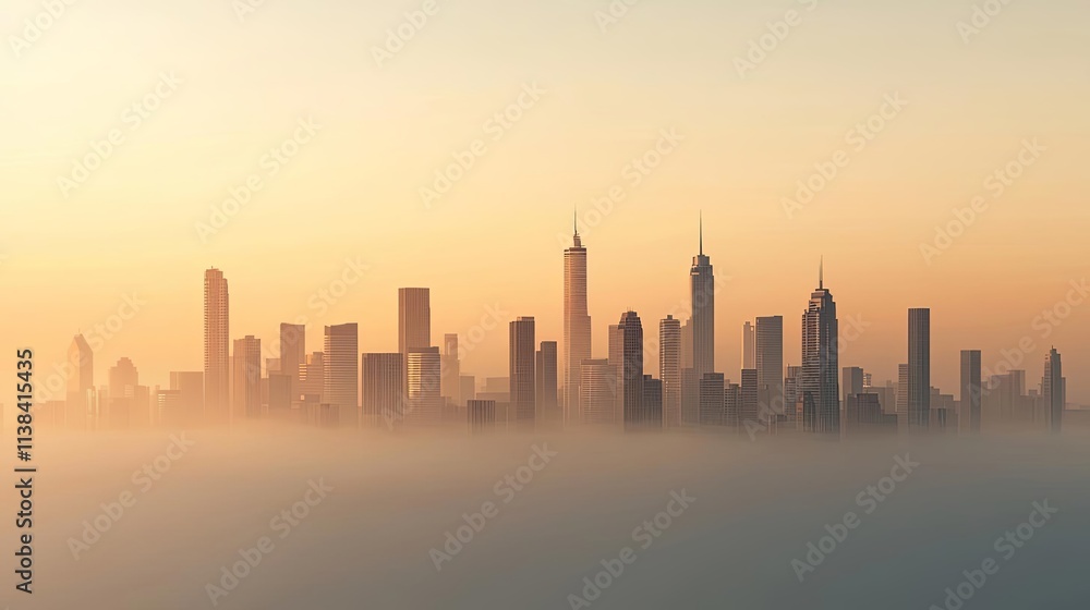 Stunning skyline silhouette at dusk, surrounded by a misty atmosphere and soft colors. Stunning skyline silhouette at dusk, surrounded by a misty atmosphere and soft colors.