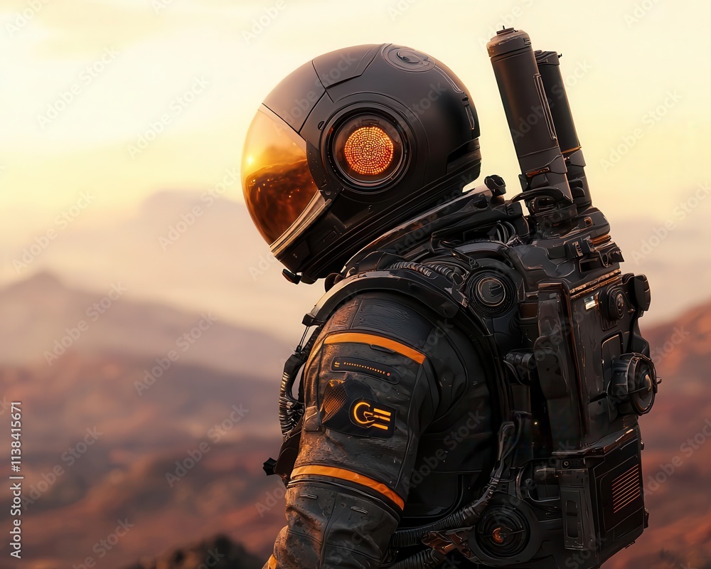 A space explorer on a distant planet, scanning terrain with advanced tools, showcasing futuristic exploration A space explorer on a distant planet, scanning terrain with advanced tools, showcasing futuristic exploration