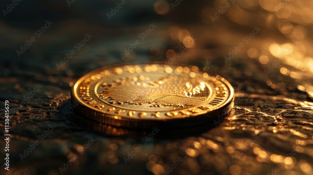 Golden coin rests on dark surface, illuminated by warm light. Golden coin rests on dark surface, illuminated by warm light.