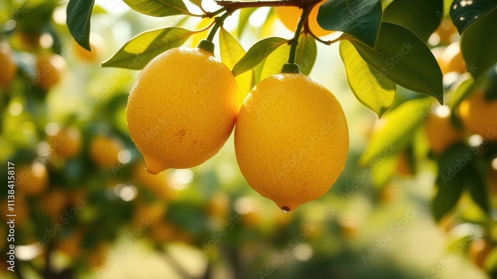 Two ripe lemons hanging from a branch, illuminated by the warm sun, surrounded by a vibrant green foliage. Two ripe lemons hanging from a branch, illuminated by the warm sun, surrounded by a vibrant green foliage.