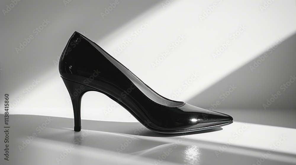 Stylish black patent leather high-heeled pump in dramatic lighting. Stylish black patent leather high-heeled pump in dramatic lighting.