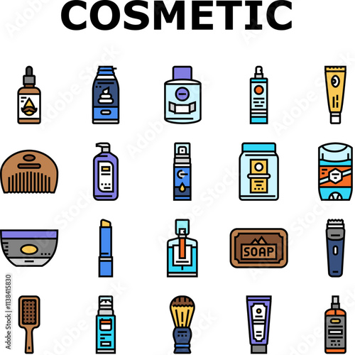 men cosmetic grooming skincare icons set vector. beard moisturizer, shaving cologne, fragrance, aftershave cleanser, exfoliant, toner men cosmetic grooming skincare color line illustrations