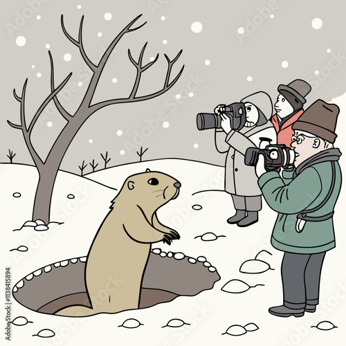 Groundhog Day. A groundhog emerging from its burrow on a snowy morning, surrounded by cameras, reporters, and a small crowd in winter coats, waiting to see its shadow.