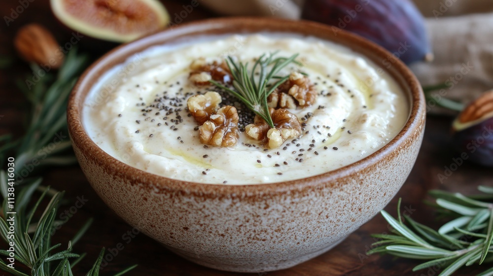Creamy fig and walnut dip in bowl. Creamy fig and walnut dip in bowl.