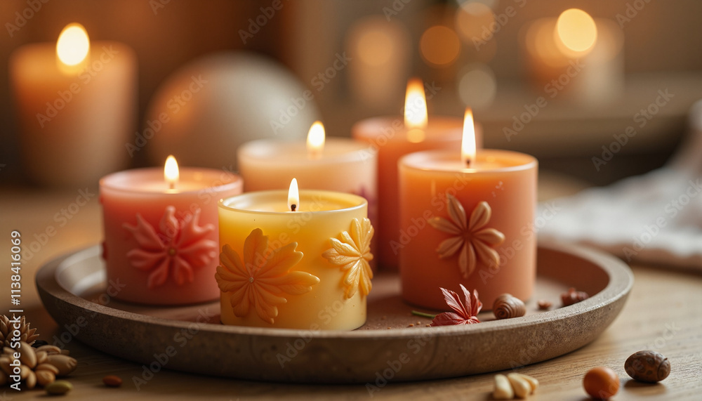 Warm glow of decorative candles illuminating a cozy atmosphere in a serene indoor setting Warm glow of decorative candles illuminating a cozy atmosphere in a serene indoor setting