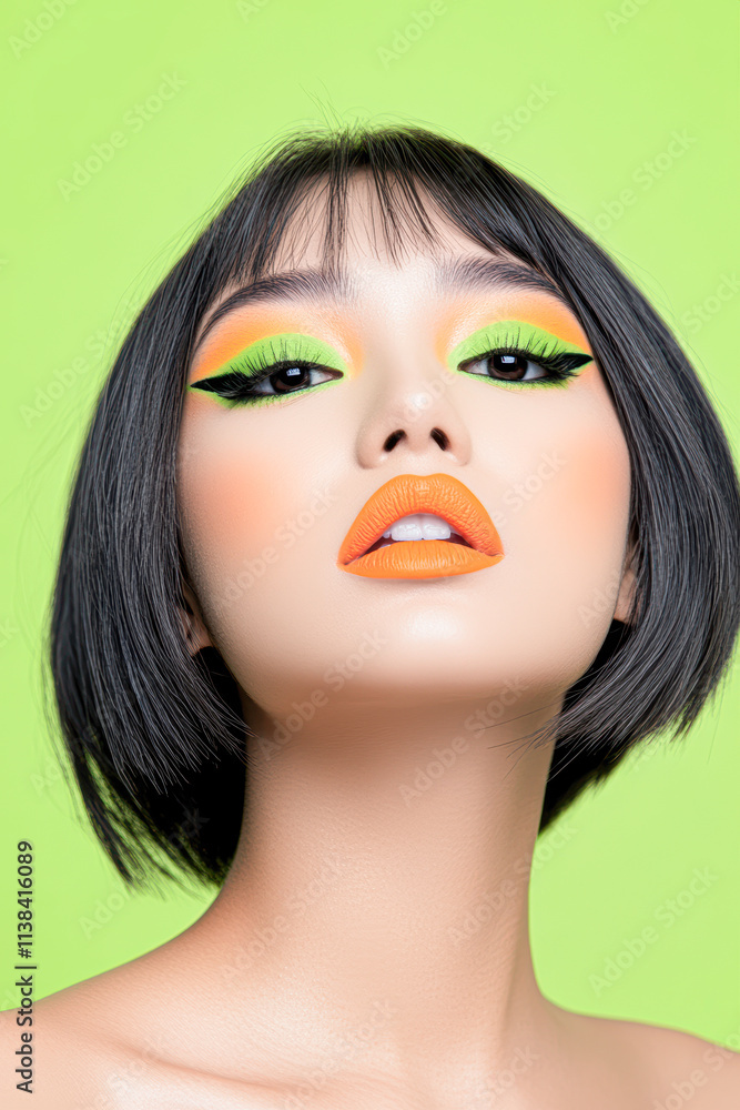 A woman with green and orange makeup on her face A woman with green and orange makeup on her face