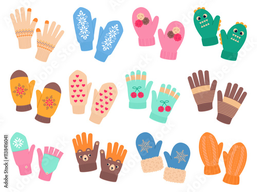 Winter knitted gloves and mittens. Warm wool hands accessories, cold weather patterned clothes, patterned wear elements, funny prints and cozy patterns, cartoon flat isolated vector set