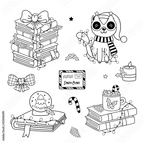 outline set of isolated stack of books and cat