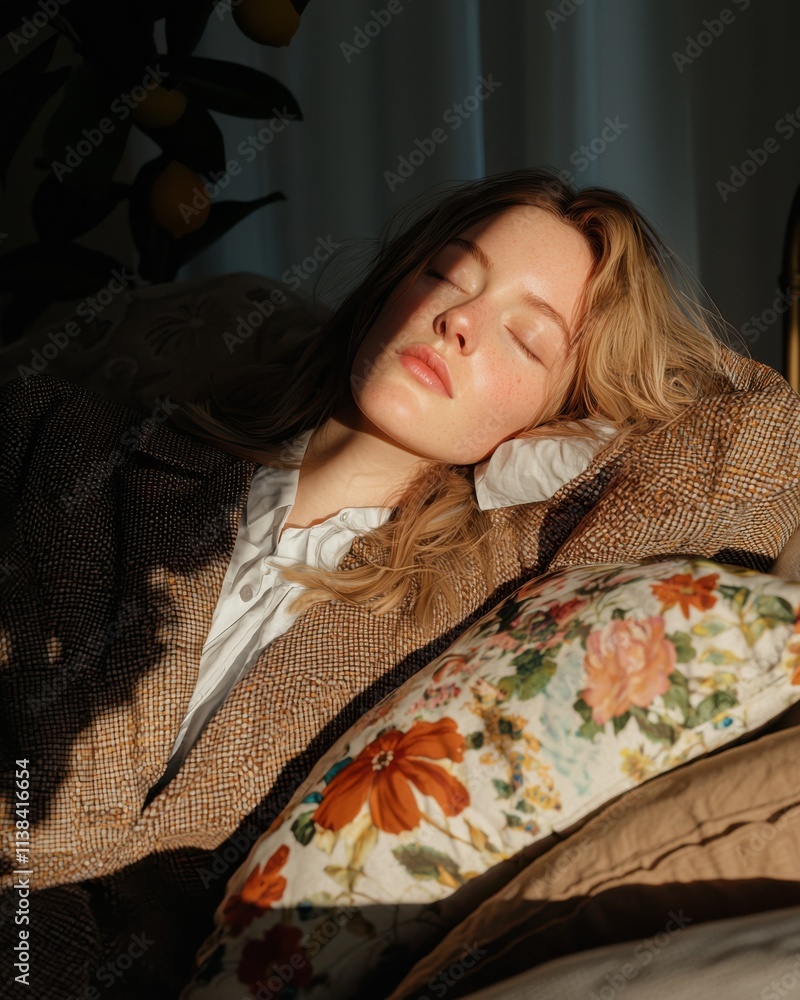 Fototapeta premium Fashion influencer posing on bed with designer clothes cozy home setting lifestyle natural light