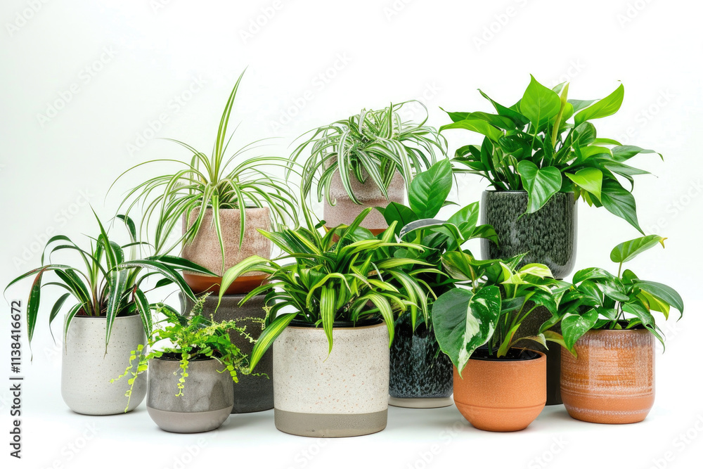Diverse Collection of Indoor Houseplants in Stylish Pots on a White Background for Modern Home Decor and Green Living Inspiration Diverse Collection of Indoor Houseplants in Stylish Pots on a White Background for Modern Home Decor and Green Living Inspiration