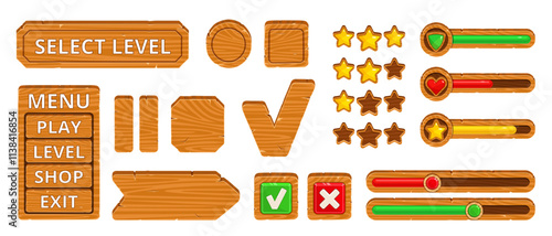 Ui buttons icons. Wooden panels different shapes, progress, loading bars, sliders, game menu options, interface elements, game interface, navigation board and pointer, nowaday vector set