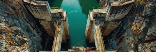 Imposing Hydroelectric Dam: Aerial View of Concrete Structure and Rocky Landscape photo