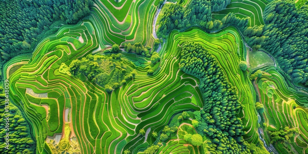 Aerial View of Lush Green Rice Terraces: A Breathtaking Landscape of Nature's Beauty. Serene and Tranquil Scenery, Picturesque Countryside, Cultivated Farmland, and Abundant Harvest. Aerial View of Lush Green Rice Terraces: A Breathtaking Landscape of Nature's Beauty. Serene and Tranquil Scenery, Picturesque Countryside, Cultivated Farmland, and Abundant Harvest.