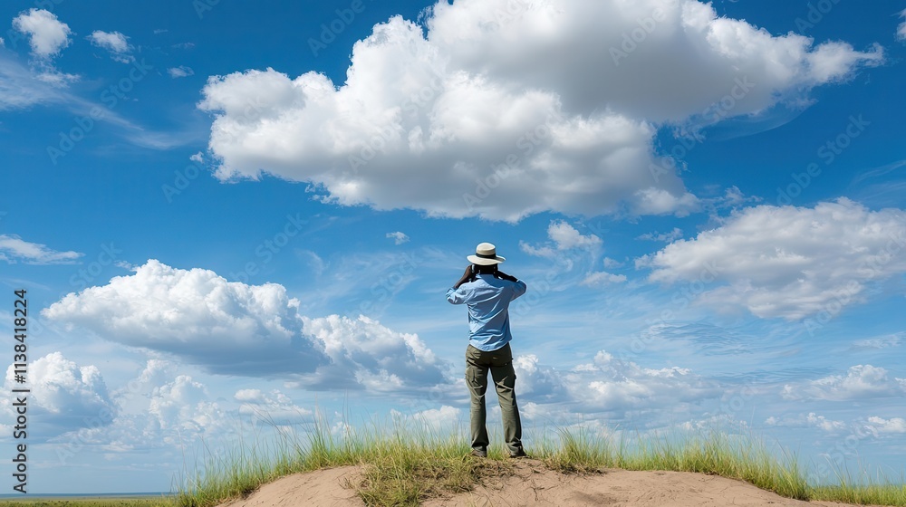 A wildlife photographer setting up a safe observation point near a predator s den, emphasizing preparation A wildlife photographer setting up a safe observation point near a predator s den, emphasizing preparation