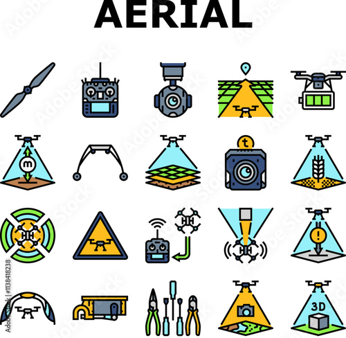unmanned aerial vehicle drone uav icons set vector. quadcopter surveillance, reconnaissance mapping, delivery inspection, agriculture unmanned aerial vehicle drone uav color line illustrations