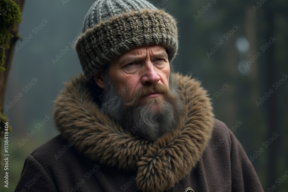 Wise Elder with Gray Beard in Thoughtful Pose against Misty Forest Wise Elder with Gray Beard in Thoughtful Pose against Misty Forest