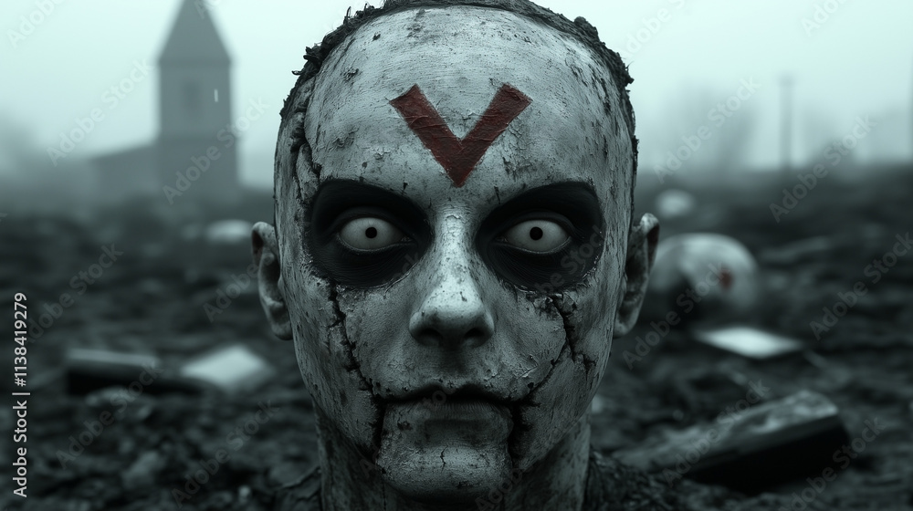 A gray wasteland where the air buzzes with static, and the ground is a mosaic of shattered screens reflecting distorted faces with with red diamond shapes painted over their eyes A gray wasteland where the air buzzes with static, and the ground is a mosaic of shattered screens reflecting distorted faces with with red diamond shapes painted over their eyes