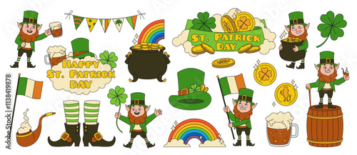 Saint Patrick day elements. Cartoon funny gnome and leprechaun holds clover, drink mug, pot of gold, irish beer festival lucky, green comic dwarf with cauldron tidy vector isolated set