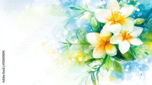 Watercolor Floral Background  White Flowers  Green Leaves  Blue Abstract