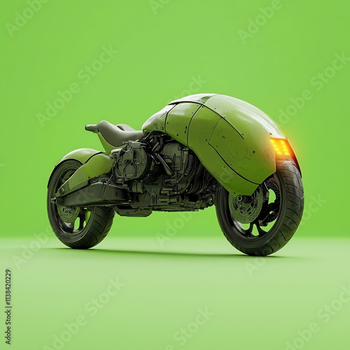 A futuristic green motorcycle with a sleek design, positioned against a vibrant green backdrop, highlighting its unique features. photo