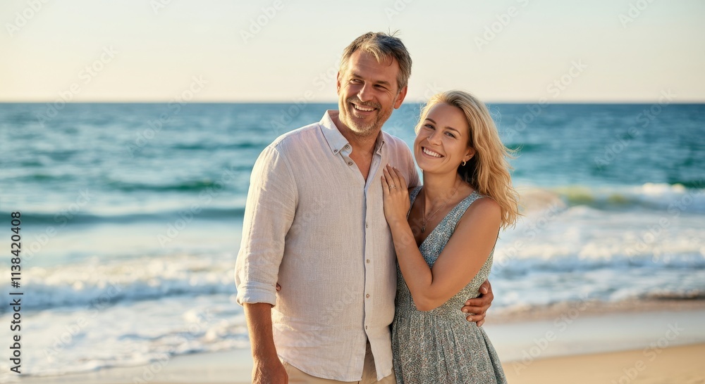 Joyful mature caucasian couple enjoying a romantic beach walk at sunset for relaxation and togetherness