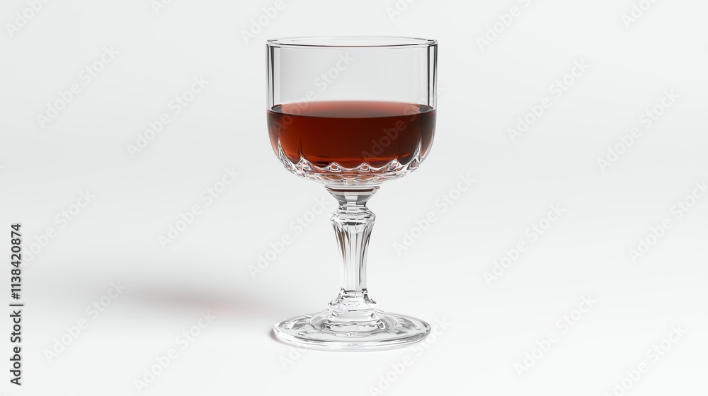 A crystal glass filled with a dark liquid, reflecting light elegantly against a minimalist white background. A crystal glass filled with a dark liquid, reflecting light elegantly against a minimalist white background.