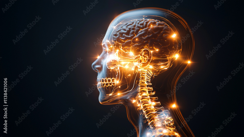 Obraz premium Futuristic human skull and spine with glowing neural connections in dark background.