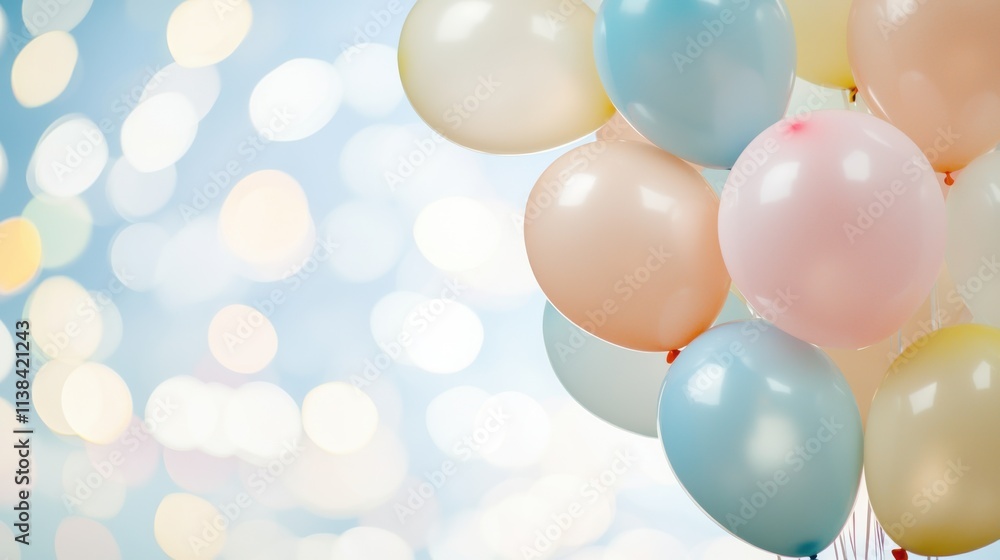 Floating pastel-colored balloons with blurred background celebration scene festive environment soft focus view Floating pastel-colored balloons with blurred background celebration scene festive environment soft focus view