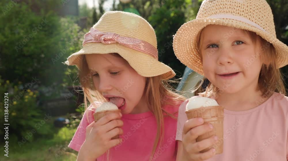 Children eating ice cream in a summer garden setting Children eating ice cream in a summer garden setting