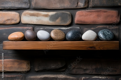 ancient mysteries, the rune stones on a wooden shelf against a brick wall exude mystique and allure, providing room for text photo