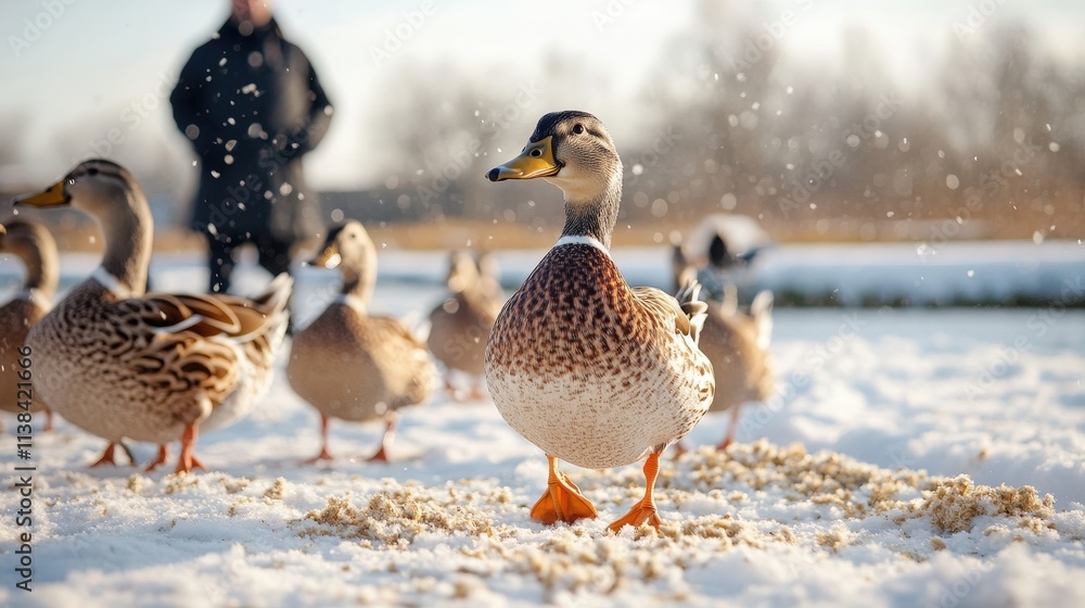 Ducks Walking on Snowy Ground in Winter Landscape Scene Ducks Walking on Snowy Ground in Winter Landscape Scene