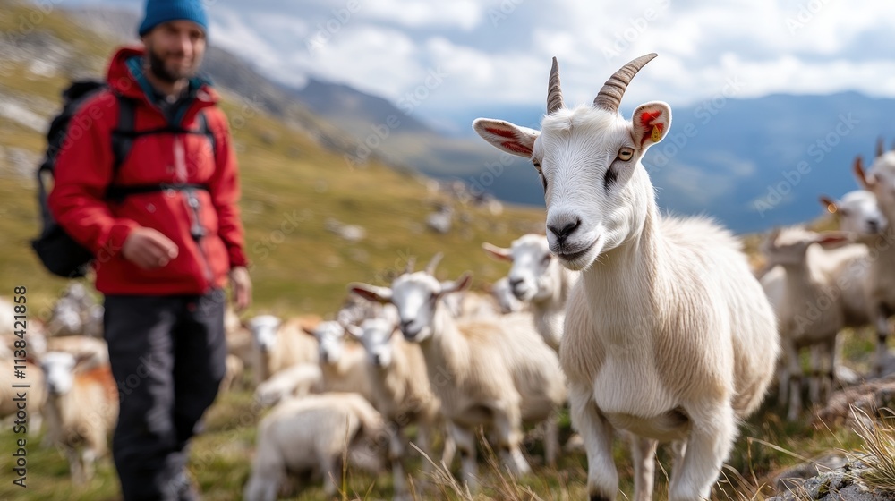 Obraz premium Herd of goats with a farmer in a mountainous landscape setting