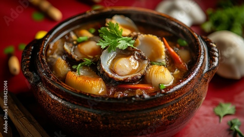 traditional asian luxury treasure premium seafood Peng cai abalone, sea cucumber, scallop, prawn, oyster, mushroom in hot clay pot on red table for Chinese new year cuisine halal banquet food menu photo