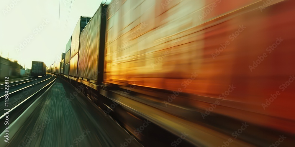 A close-up of a freight train in motion, with containers stacked on flatbed cars. A close-up of a freight train in motion, with containers stacked on flatbed cars.