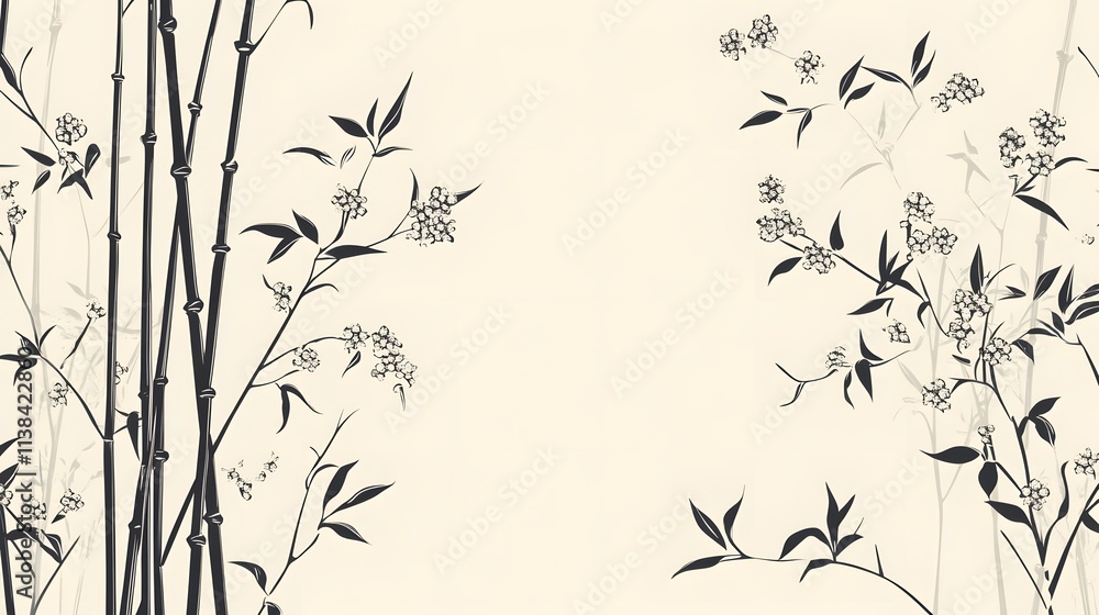 Fototapeta premium 40. A minimalistic design of bamboo stalks intertwined with delicate flowers in black and white