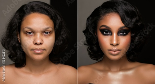 Transformation and glamour: african descent women before and after makeup for beauty concepts