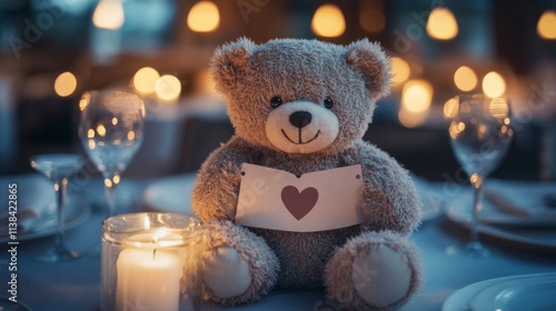 Wallpaper Mural Teddy Bear Holding Heart Shaped Valentine Card at Romantic Dinner Torontodigital.ca