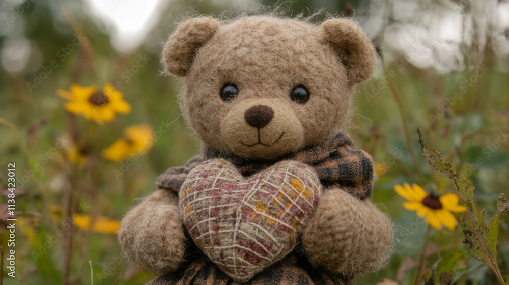 Handmade Teddy Bear Holding Heart In Autumn Field Handmade Teddy Bear Holding Heart In Autumn Field