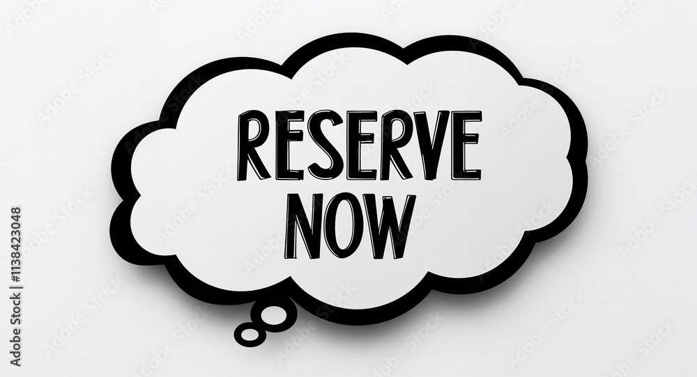 Reserve now artistic lettering on speech thought bubble in plain white background Reserve now artistic lettering on speech thought bubble in plain white background