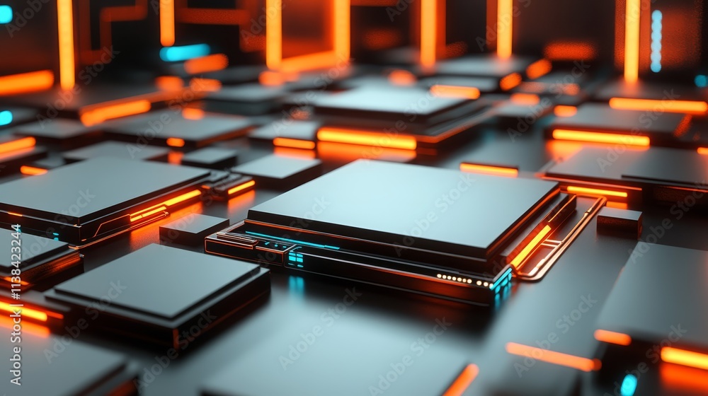 Abstract Tech Background Futuristic Neon Cubes Glowing Lines Abstract Tech Background Futuristic Neon Cubes Glowing Lines
