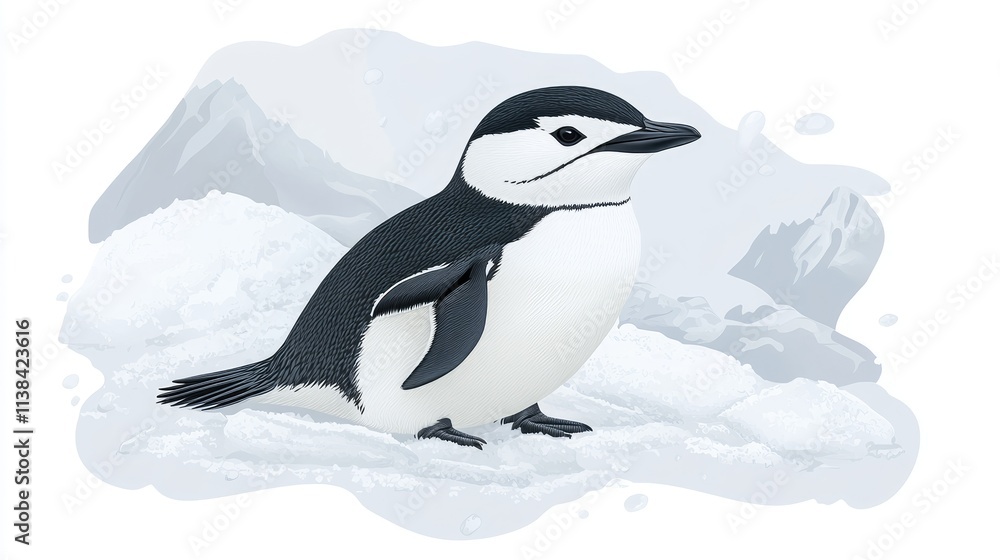 Fototapeta premium Cute little penguin on snowy ice.