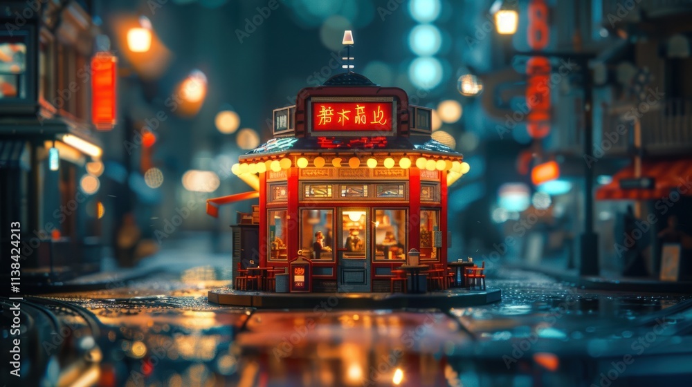 Illuminated Asian restaurant miniature at night. Illuminated Asian restaurant miniature at night.