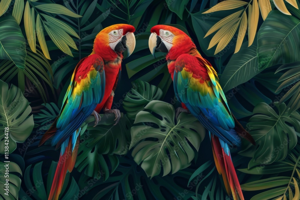 Fototapeta premium Tropical parrots surrounded by lush foliage in vivid colors, creating a vibrant and lively atmosphere, ideal for nature themed projects and designs