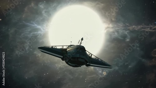 Wallpaper Mural Spaceship flying across a large, bright moon in a dark sky. The video conveys sci-fi, adventure, and exploration in a futuristic space environment. Torontodigital.ca