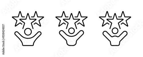 Hands raised man with three stars outliine icon set. Talent acquisition, employee award, customer satisfaction, success. Icon editable stroke vector illustration