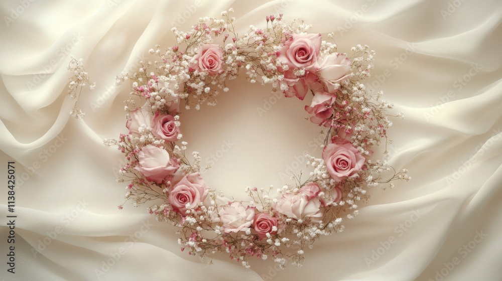 Fototapeta premium Delicate Pink Roses and Baby Breath Wreath on Cream Fabric