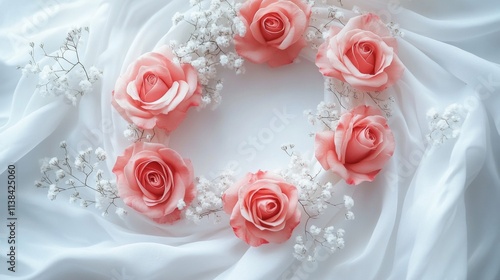 Coral Roses and Baby Breath Wreath on White Fabric photo