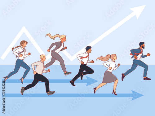 Office employees running race. Business people moving towards goal, men and women in formal suits, competitive life, busy characters rushing cartoon flat isolated illustration vector concept