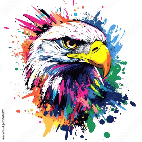 T shirt design an eagle's head with paint splashes on a white background. colorful graffiti art eagle's head, vibrant colors photo