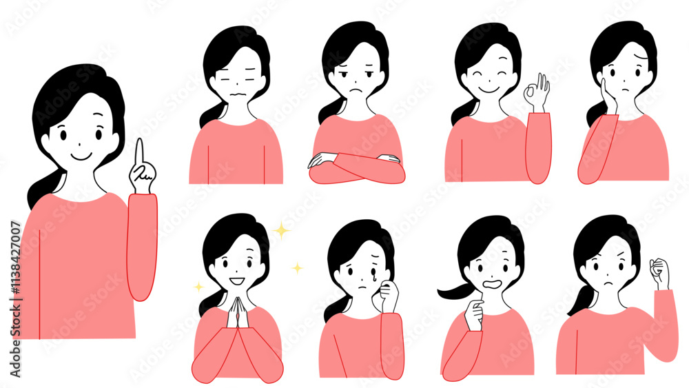 A set of illustrations of various expressions of a young woman's upper body. Joy, anger, sorrow, and pleasure. A set of illustrations of various expressions of a young woman's upper body. Joy, anger, sorrow, and pleasure.